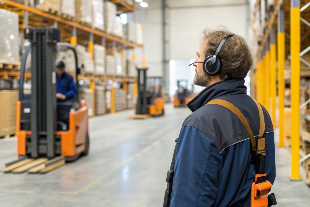 Warehouse worker wearing wireless VoIP headset monitoring forklift operations
