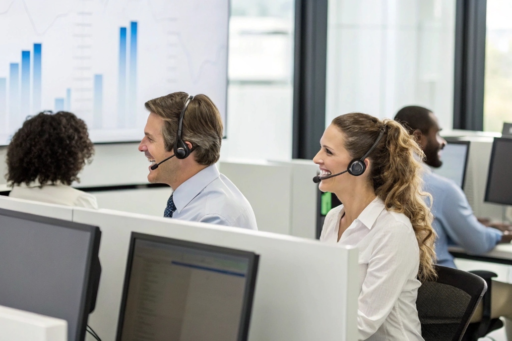 Customer service team with headsets and data screens
