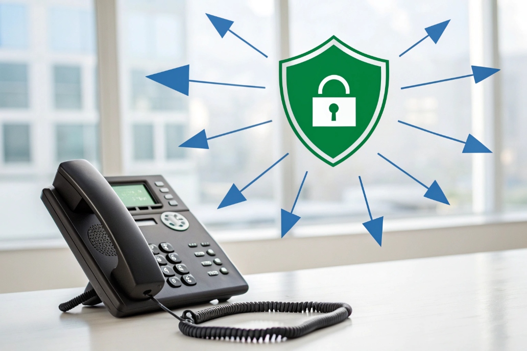Office IP desk phone with shield lock icon representing encrypted SIP voice communication security