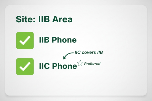 Selection guide for IIB site showing IIB phone allowed and IIC phone preferred