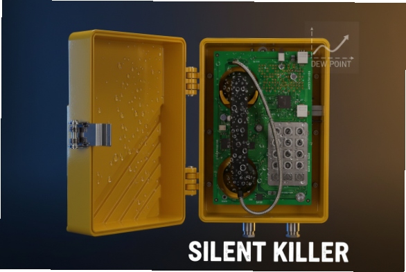Open SIP intercom enclosure showing PCB and keypad, highlighting condensation dew point risk