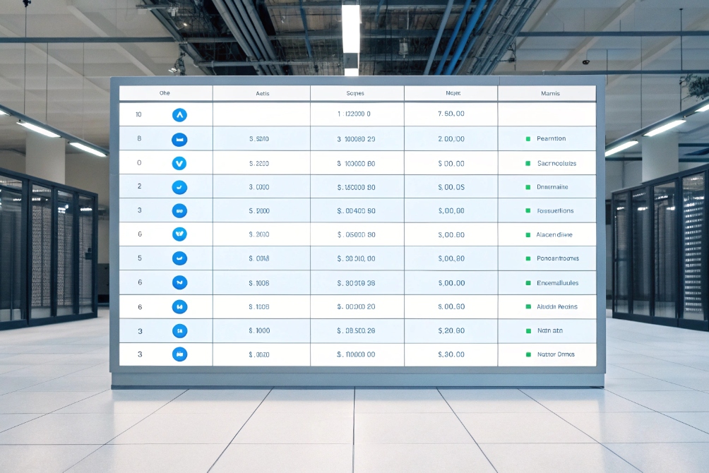 Huge electronic table of call or billing records projected in the middle of a modern data center, surrounded by server racks and overhead cable trays.