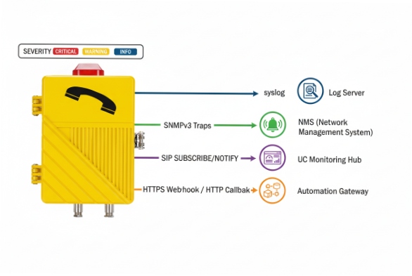 Alarm severity events sent via syslog SNMP traps SIP notify and HTTPS webhook