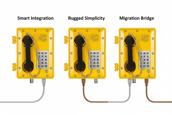 Three yellow industrial phones illustrating smart integration, rugged simplicity, and migration bridge options