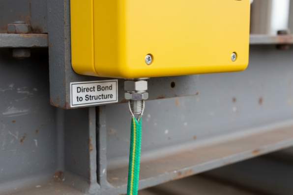 Protective earth bonding strap connected to structure for grounding industrial telephone enclosure