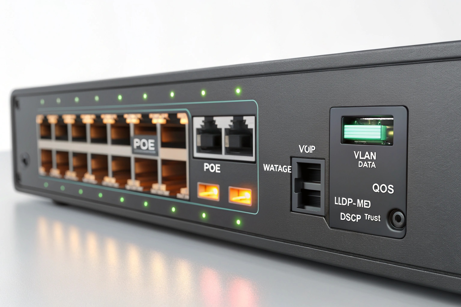 Close up of PoE network switch ports with VLAN QoS indicators illuminated
