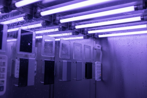 UV aging chamber with industrial phone housings exposed to ultraviolet light cycles
