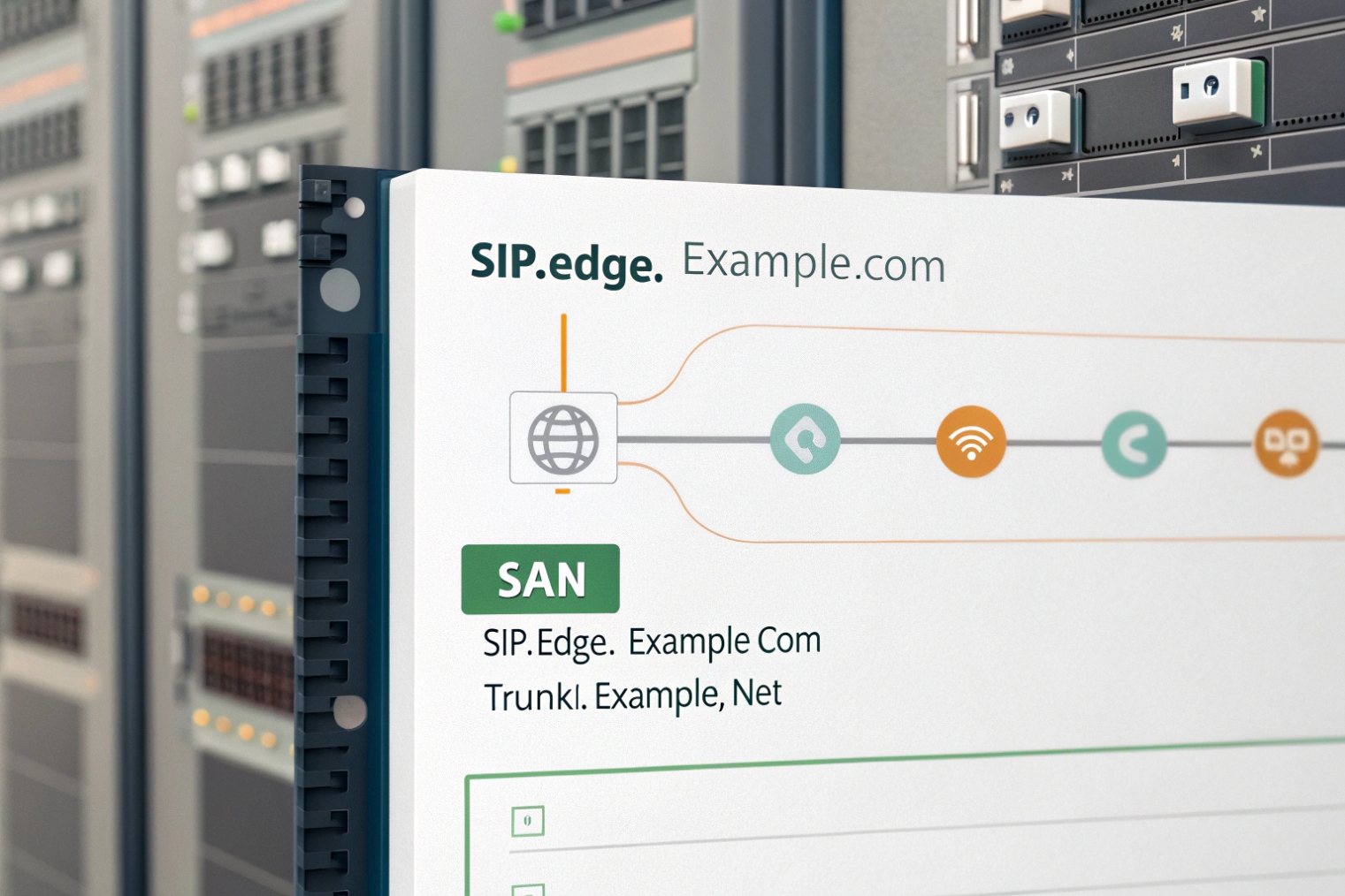 Close-up of a server bezel overlaid with a certificate configuration panel for hostname SIP.edge.example.com and a SAN list containing SIP and trunk hostnames