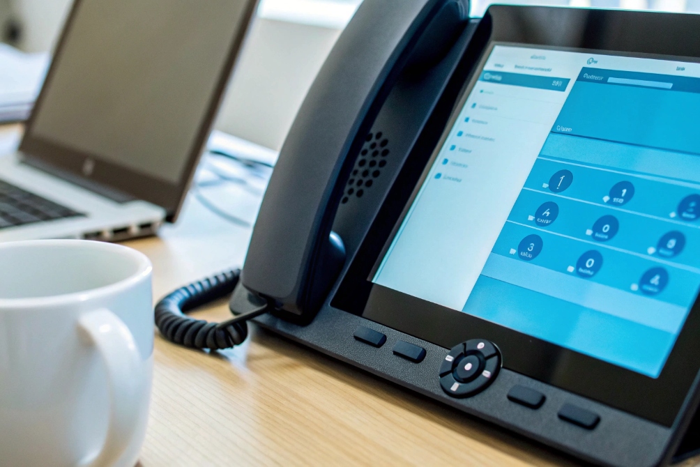 Close-up of a modern touchscreen IP desk phone on a wooden desk next to a laptop and coffee mug, displaying a blue VoIP call management interface.