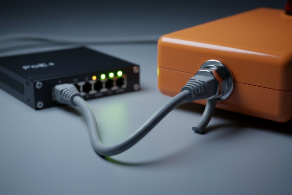 Close-up of sealed RJ45 cable gland linking orange phone enclosure to PoE switch