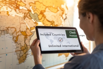 User holding tablet over world map selecting included countries for unlimited international VoIP