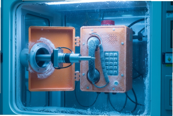 Orange SIP emergency phone in cold chamber with test probe and ice buildup