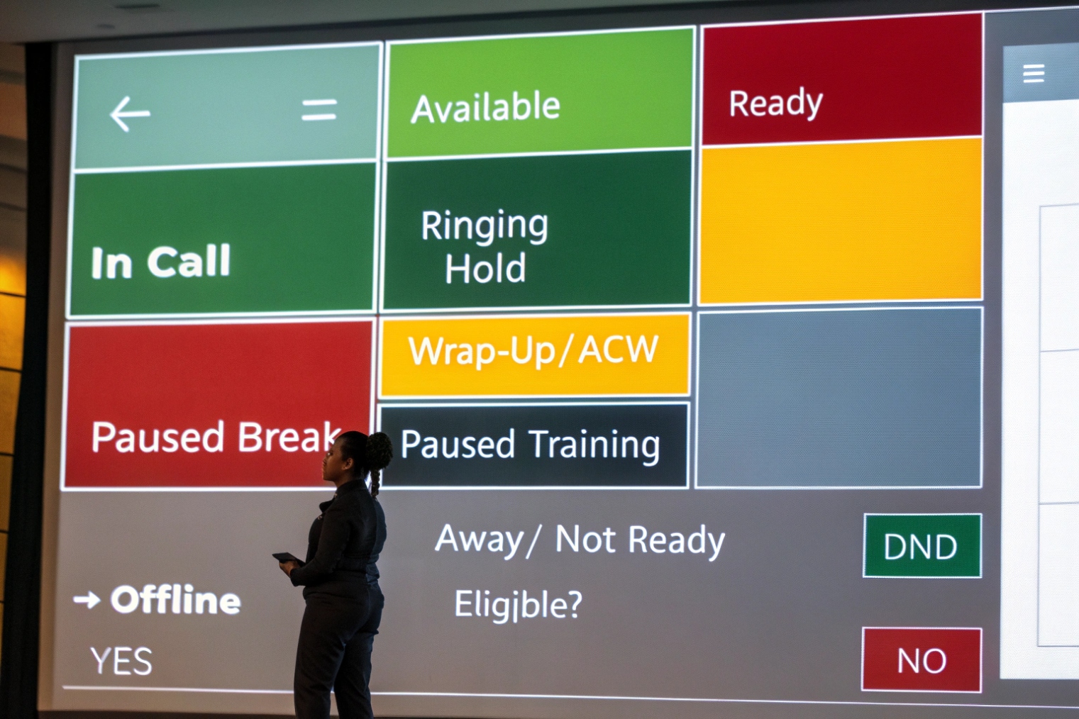 Presenter standing in front of an oversized dashboard showing colored tiles for agent states such as In Call, Available, Ready, Ringing/Hold, Wrap-Up/ACW, Paused Break, and Paused Training
