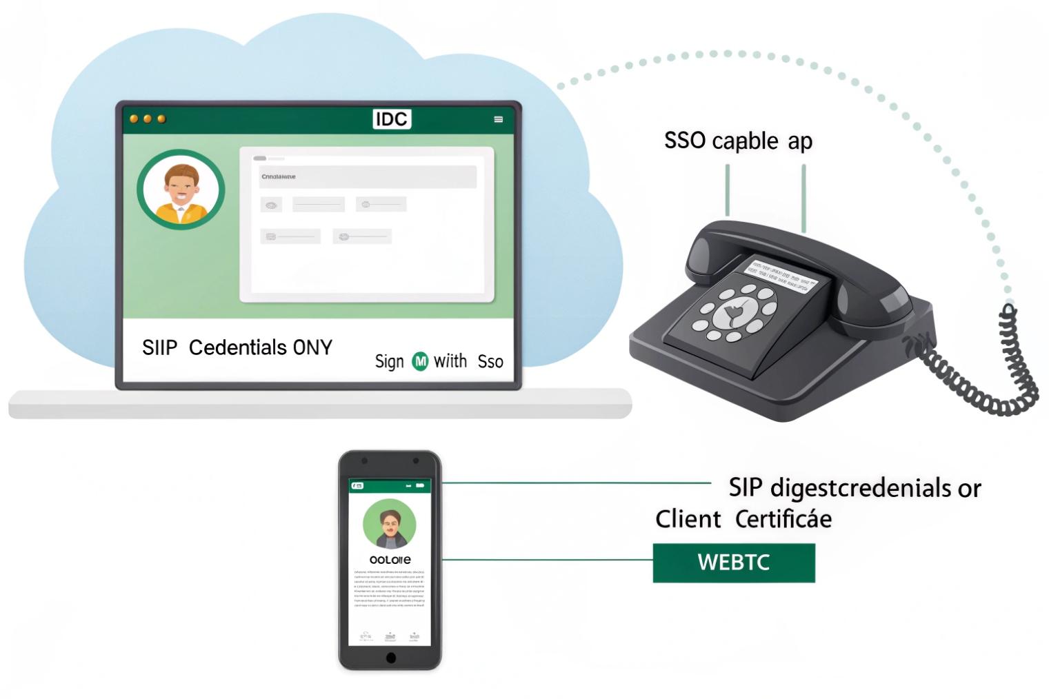 Cloud management console where a user signs in once to an IDP and obtains SIP credentials used by an SSO-capable desk phone and a WebRTC softphone on a mobile device