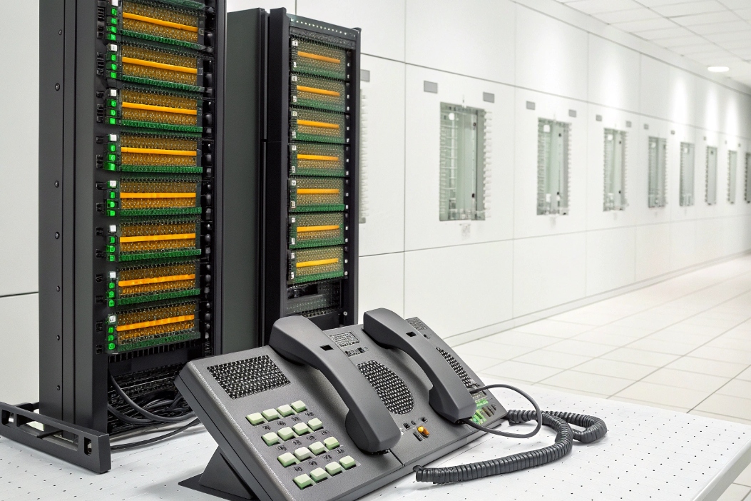 Switchboard console Telecom switchboard console with dual handsets in critical control equipment room