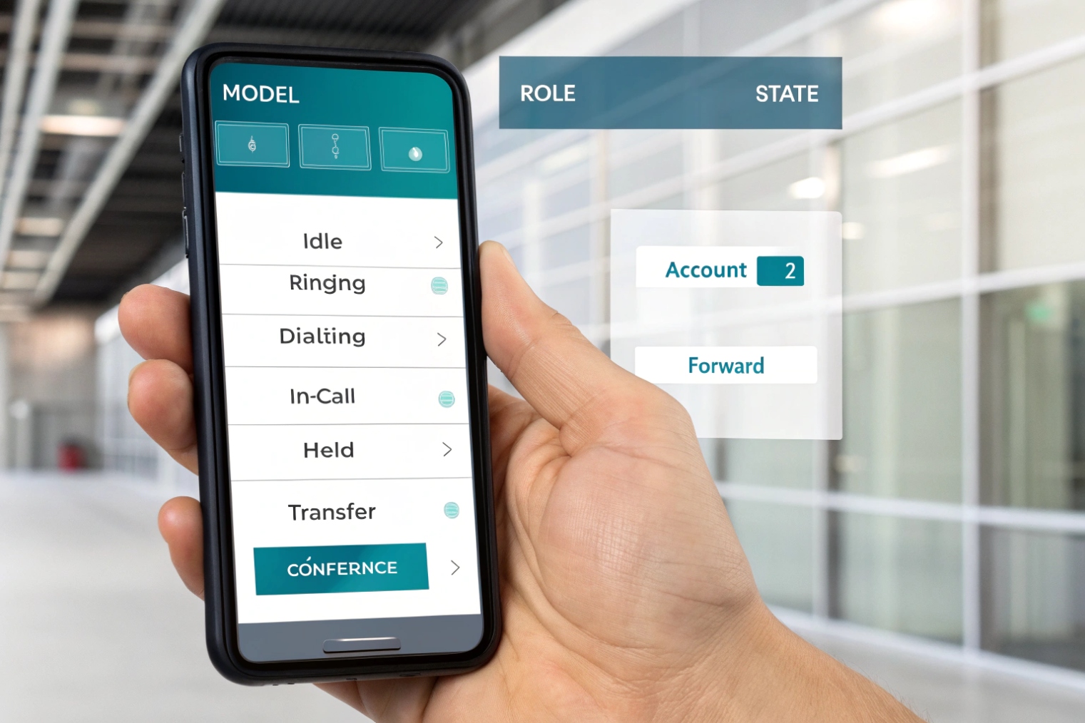 Hand holding smartphone running SIP softphone app showing call states, accounts and forwarding settings