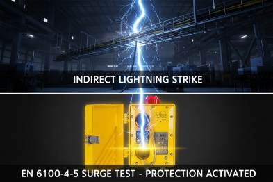 Indirect lightning surge scenario showing EN 61000-4-5 protection activated on device