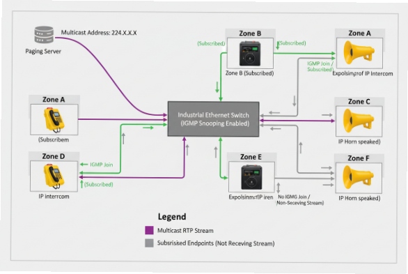 Multicast paging network diagram with IGMP snooping switch and zone horn speakers