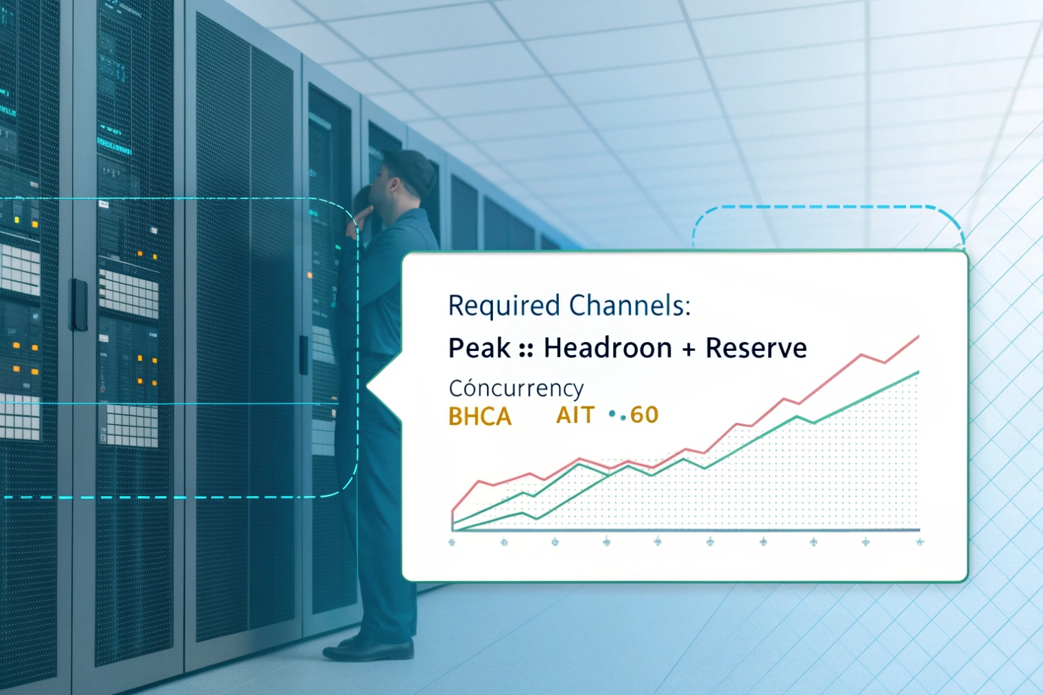 Engineer standing in a server room overlaid with an analytics bubble showing a rising line chart and text: Required Channels, Peak :: Headroom + Reserve, and concurrency metrics like BHCA and AIT