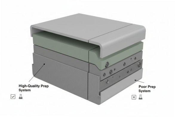 Enclosure coating prep diagram comparing high-quality surface prep versus poor prep system