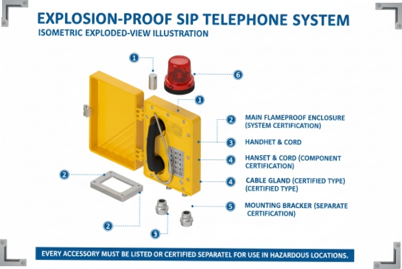 Isometric exploded view of explosion-proof SIP telephone system with beacon, enclosure, glands and bracket