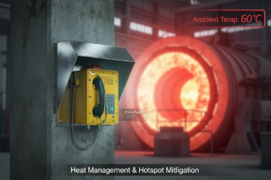 Emergency phone with sunshield hood for 60°C hotspot mitigation near furnace opening
