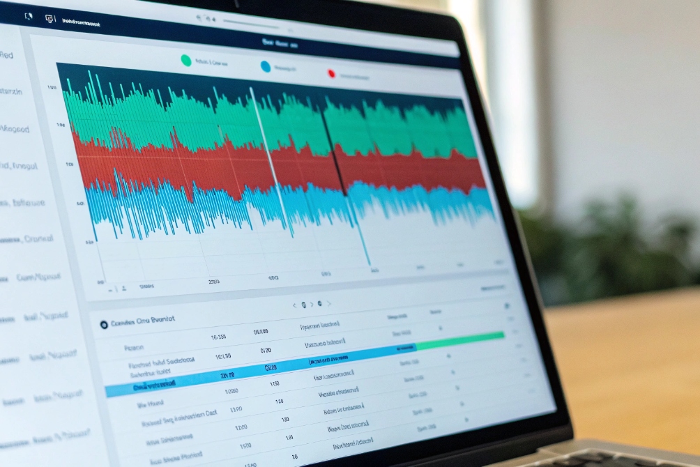 Laptop displaying a data-analysis web app, with dense multicolored stacked waveform charts across the top and a detailed metrics table and progress bars underneath.