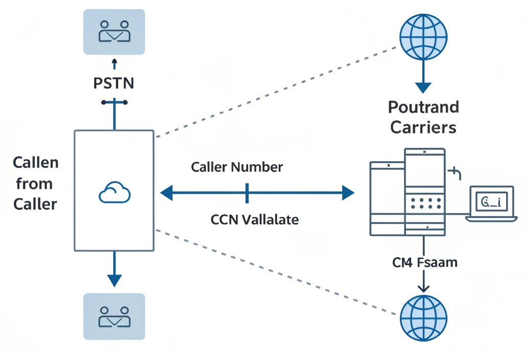 Call flow diagram, showing PSTN to VoIP network connection