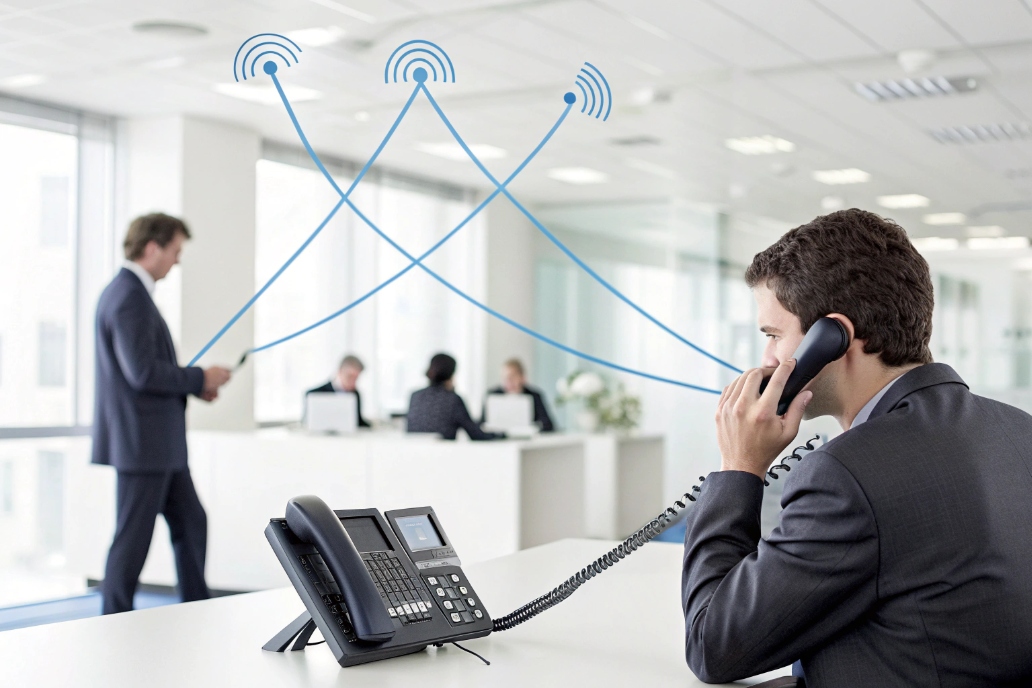 Businessman on the phone with a connected network in the office