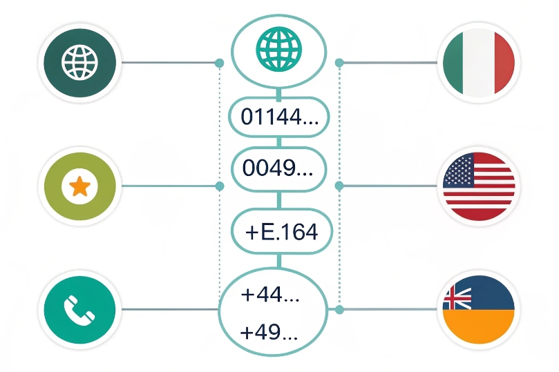 E.164 international dialing formats mapped to different countries and local prefixes