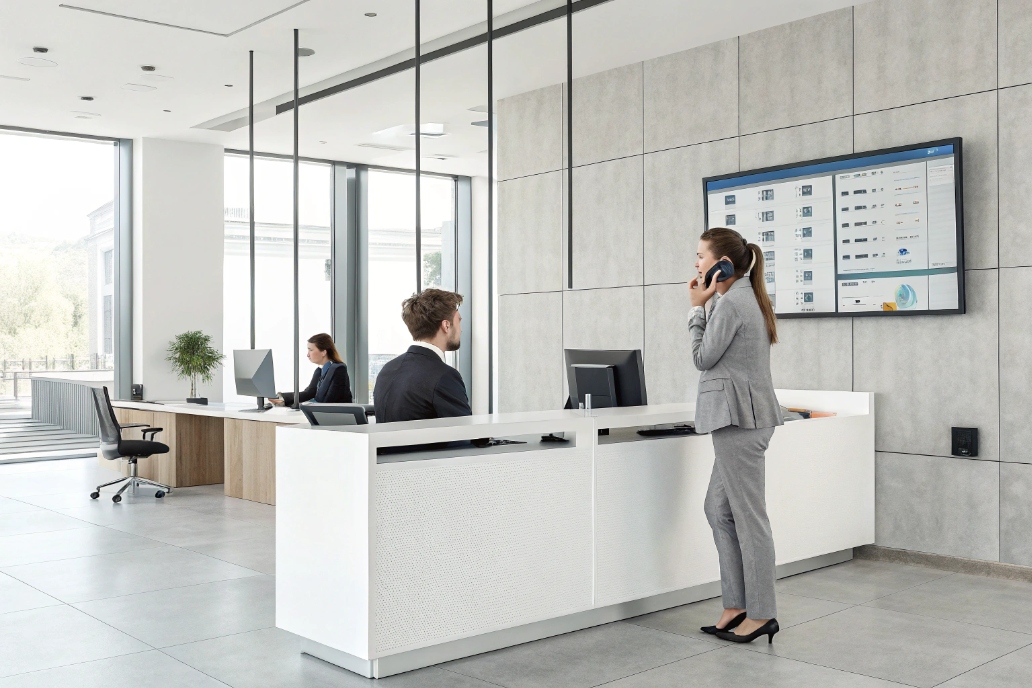 Reception desk with a woman on the phone and office staff working