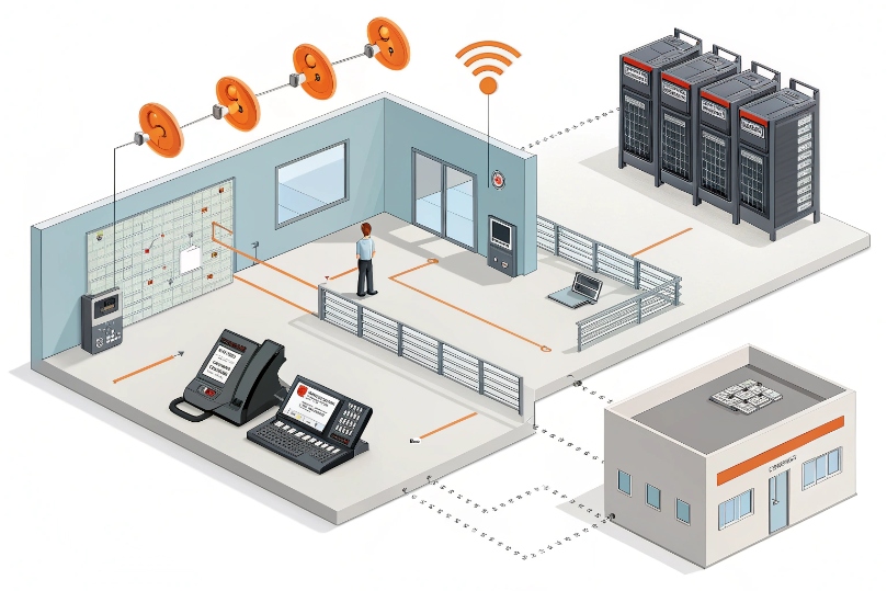 IP emergency paging control room with consoles servers and building loudspeakers