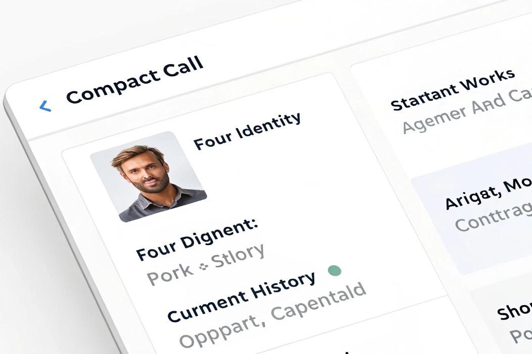 Caller profile card UI showing identity details and current call history