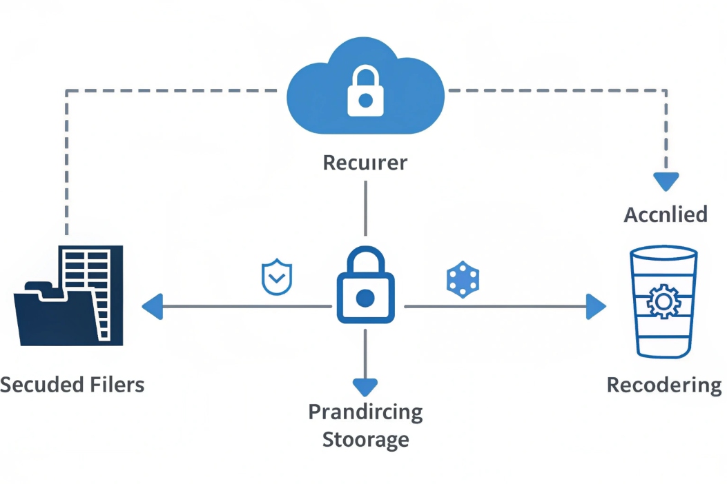 Secure cloud storage and recording architecture diagram with encrypted data protection icons