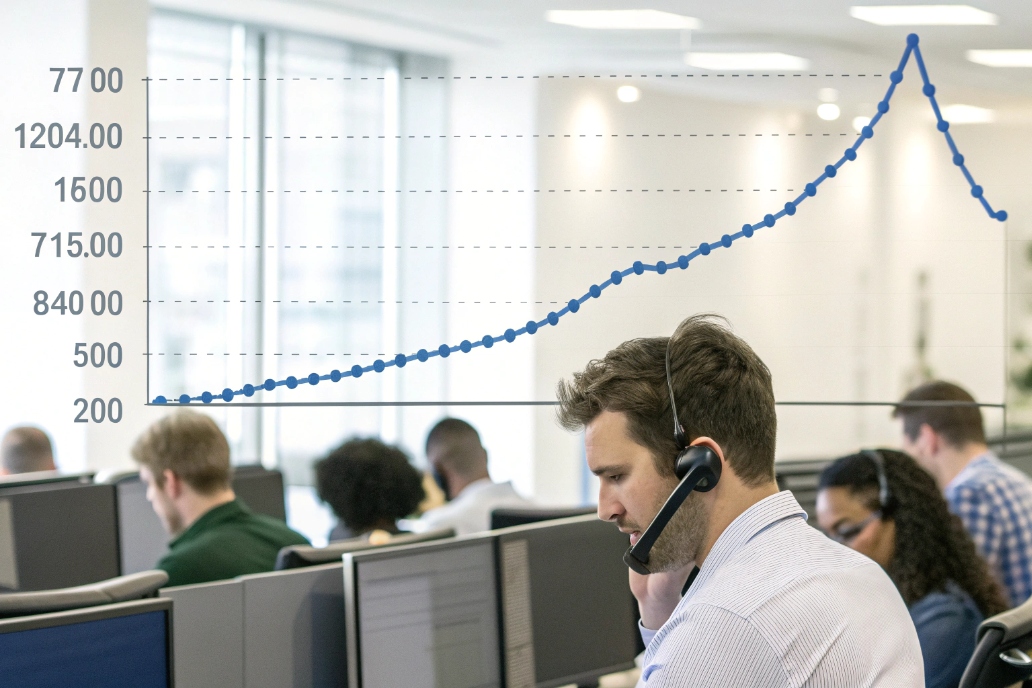 Call center agent reviewing data trends and performance graphs