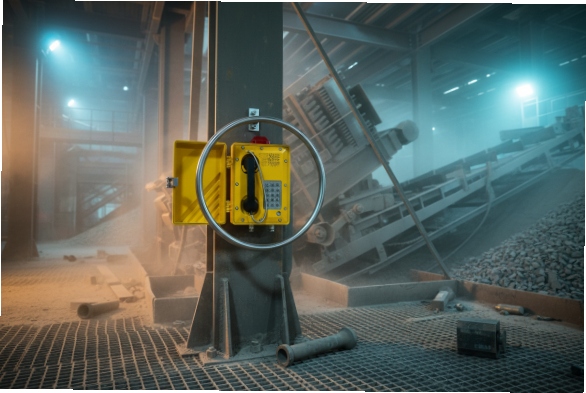 Yellow weatherproof SIP phone mounted in quarry with conveyor and heavy dust