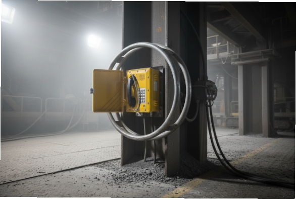 Yellow weatherproof SIP hotline phone installed on steel pillar with coiled conduit in plant