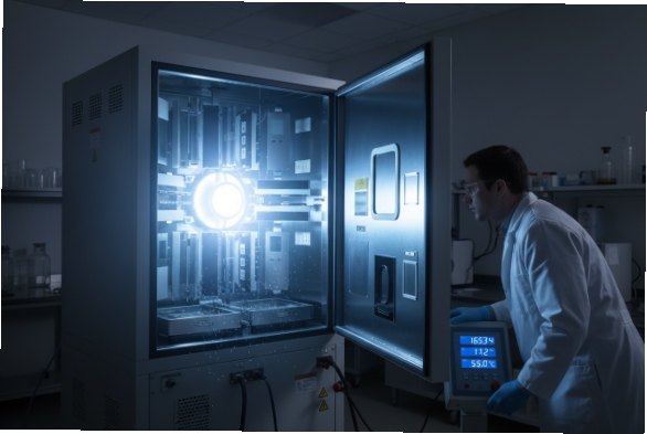 Engineer monitoring environmental chamber testing industrial electronics under intense light