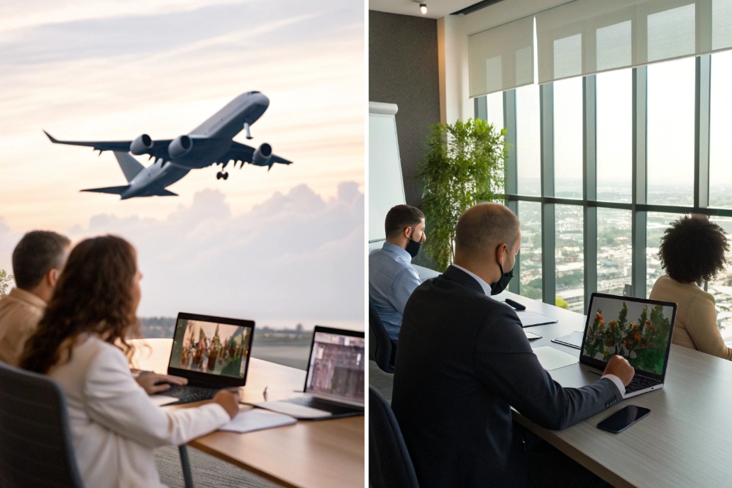 Professionals in a meeting with laptops and airplane background