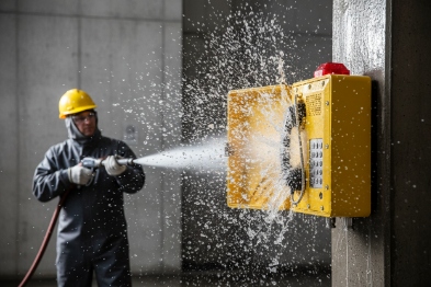 Worker pressure-washing yellow weatherproof emergency phone mounted on wall with water spray