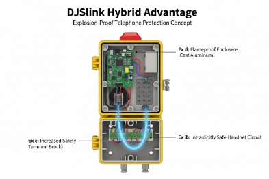 Cutaway diagram of hybrid explosion-proof telephone showing Ex d, Ex e, and Ex ib circuits