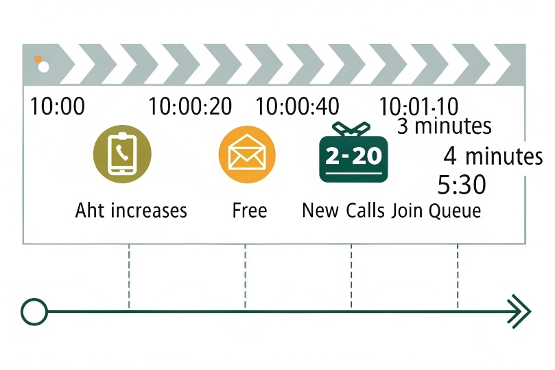 Timeline chart of caller events affecting contact center expected wait time calculation