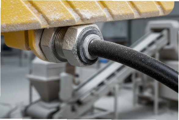 Close-up of sealed cable gland with armored cable on rugged SIP phone