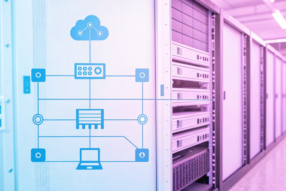 Row of white telecom racks in a data center with a translucent blue network diagram overlaid on the left cabinet, showing icons for cloud, controller, servers, and a laptop interconnected.