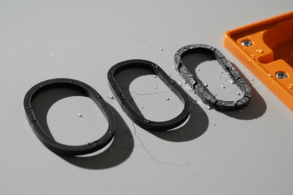 Oval rubber gaskets with water droplets beside orange housing, one visibly worn