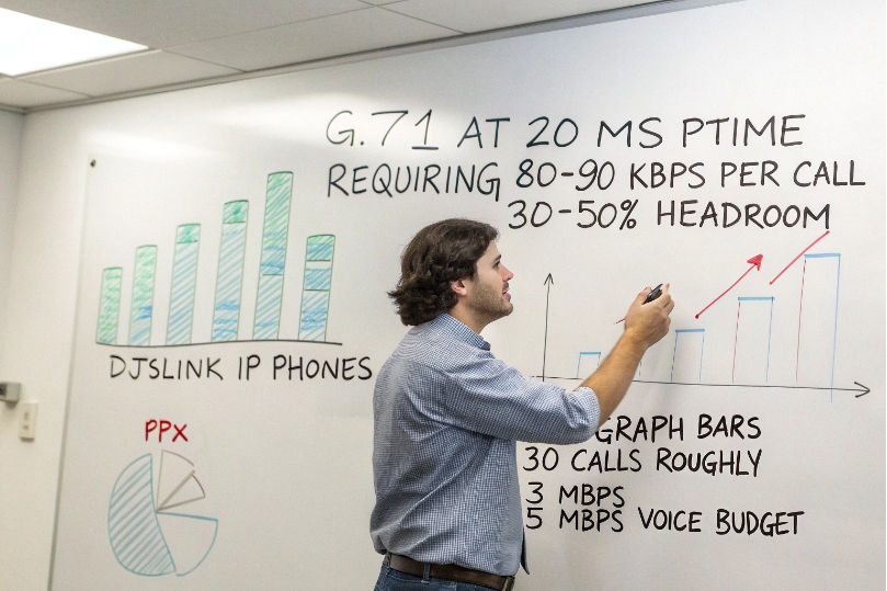 Engineer explaining DJSlink IP phone bandwidth and concurrent VoIP calls on whiteboard