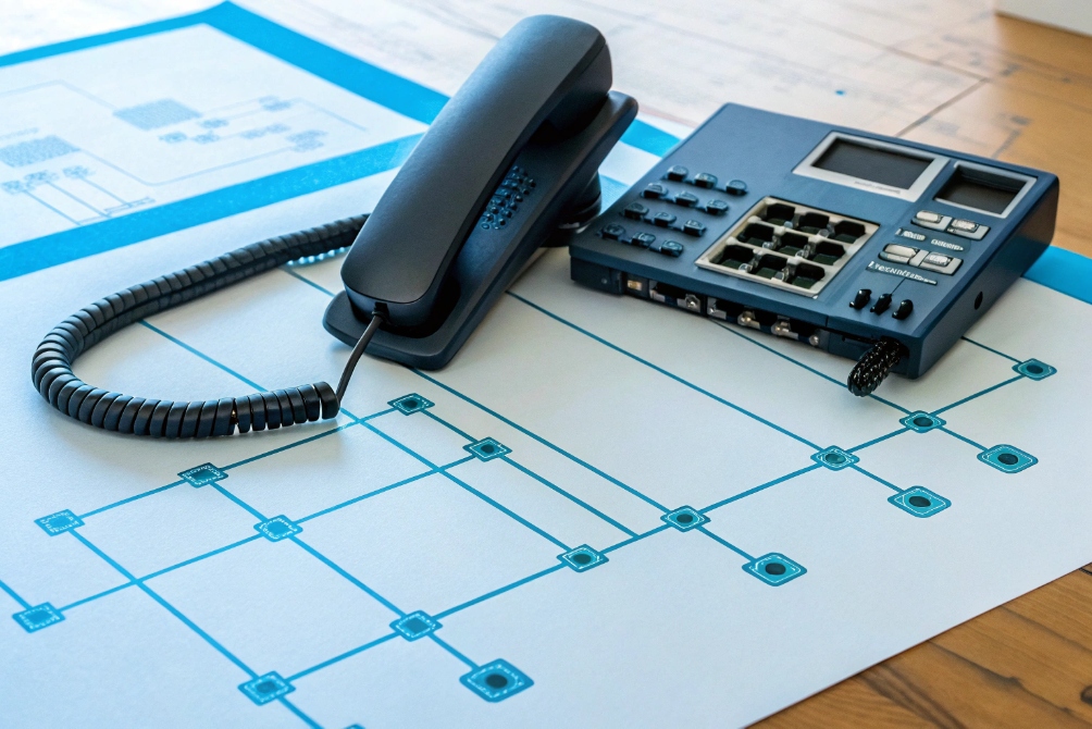 Desk phone handset and a blue PBX control unit resting on top of a printed network diagram with interconnected nodes, symbolizing voice routing over an IP network.