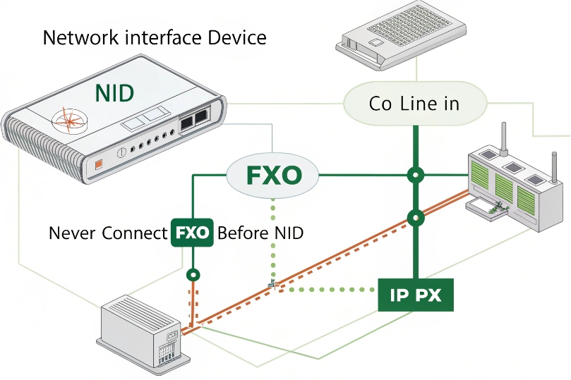 Block diagram showing CO line entering a network interface device (NID) before feeding FXO ports and an IP PBX, with warning text never to connect FXO before the NID