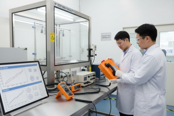 Engineers in lab performing ingress protection test on orange SIP emergency phone housing