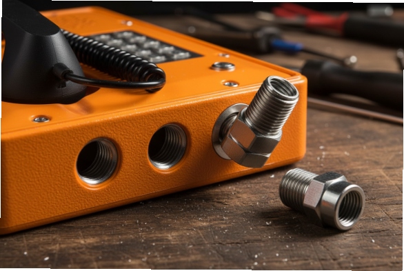 Threaded conduit adapters installed on orange industrial SIP phone base for sealed wiring